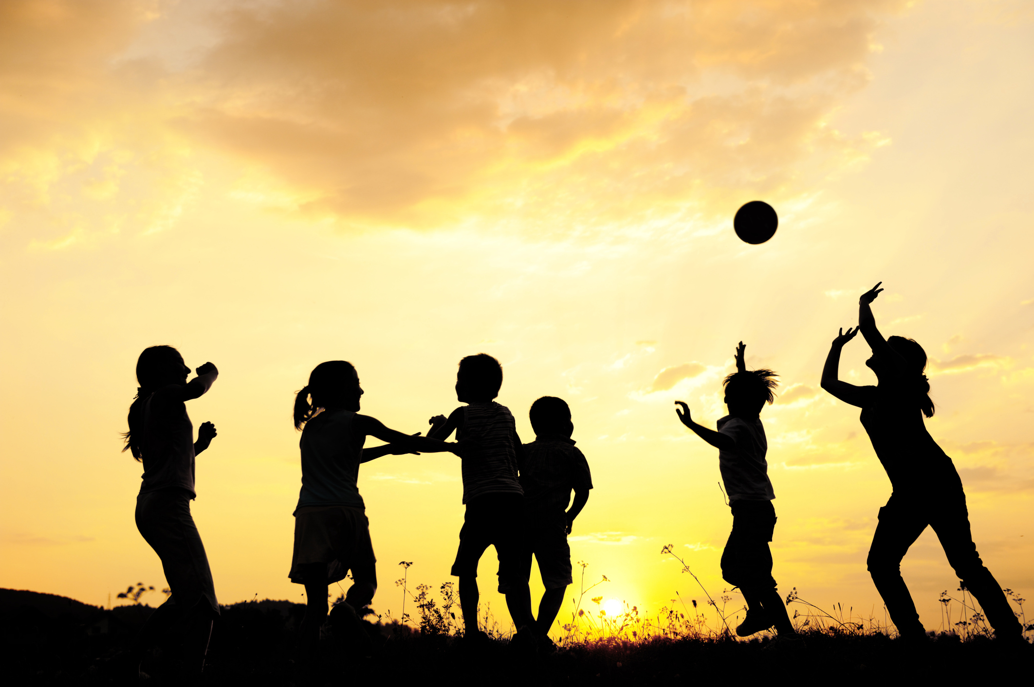 Silhouette, group of happy children playing on meadow, sunset, s